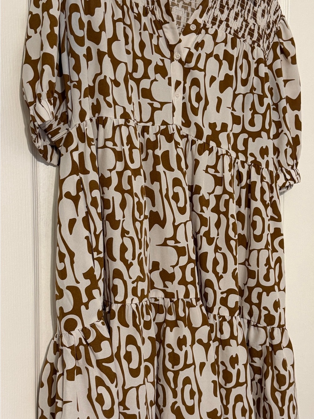Brown and Cream Abstract Print Tiered Dress